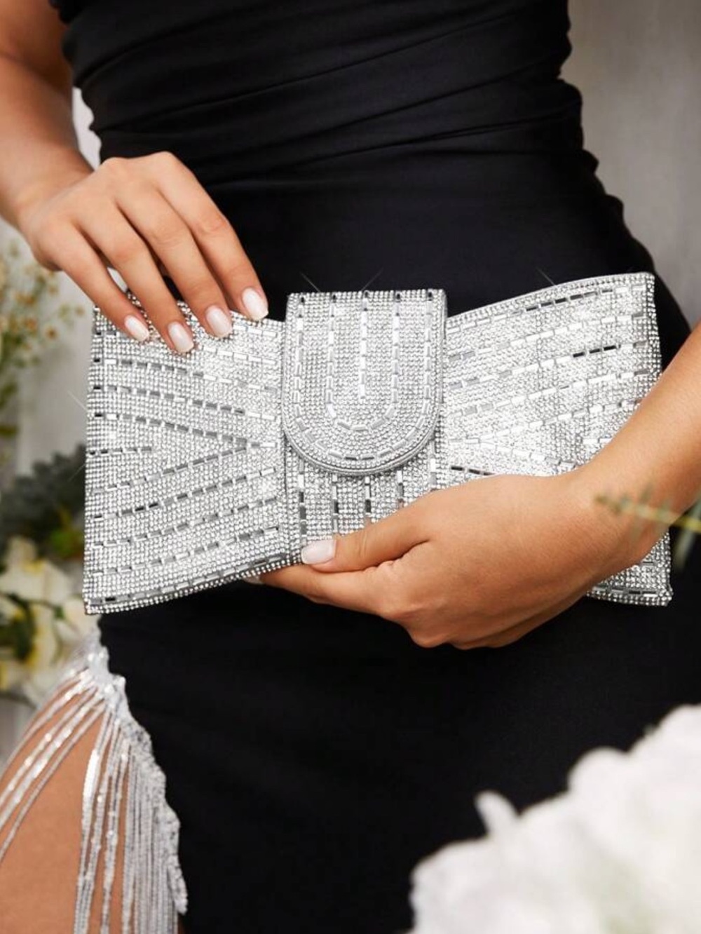Elegant Silver Crystal Evening Clutch